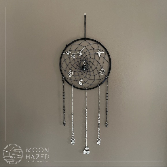 Punk Dreamcatcher with black obsidian hanging in the middle. - Picture 1 of 4